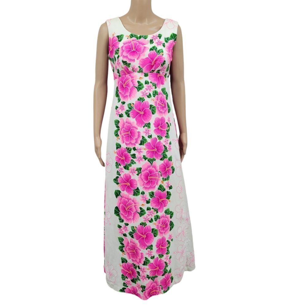 Pomare 60s Vintage Tropical Floral Pink and Green Maxi Dress Sleeveless Empire